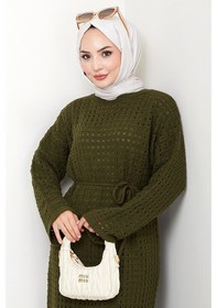 Resim Bestenur Kemerli Dantel Detay Astarlı Triko Elbise 1602 - Haki Haki 