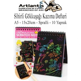 Resim Artlantis Sihirli Gökkuşağı Kazıma Defteri A5 15X20 cm 1 Paket 10 Sayfa Scratch Note Spralli Siyah Sihirli Resim Defteri 