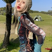 Resim 2415TP Kadınlar için 2024 Sonbahar Sevimli Yuvarlak Yaka Uzun Kollu Üst - Turkuaz Tie-Dye Mesh Baskı Günlük Kazak, Düzenli Fit Günlük Giyim, Dış Mekan Giysisi, Dokulu Baskı Tasarım 