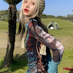 Resim 2415TP Kadınlar için 2024 Sonbahar Sevimli Yuvarlak Yaka Uzun Kollu Üst - Turkuaz Tie-Dye Mesh Baskı Günlük Kazak, Düzenli Fit Günlük Giyim, Dış Mekan Giysisi, Dokulu Baskı Tasarım 