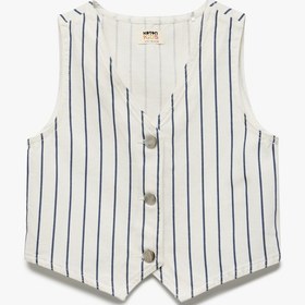 Resim Kız Çocuk Pamuklu V Yaka Kolsuz Düğmeli Çizgili Crop Denim Yelek 