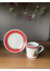 Resim Konyax Noel Çam Ağacı Yeni Yıl 4 Parça 2 Kişilik Porselen Türk Kahvesi Fincan Takımı Çok Renkli 