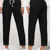 Resim Kadınlar için 2025 yeni esnek kesim jean, elastik bantlı bağcık detaylı, önceden giyilmiş siyah düz denim pantolonlar, şık şekillendirici beli dar paça mom pants cepli çalışma seyahat ofis günlük rahat şalvar 