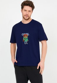 Resim ADEGO Erkek Lacivert Önü Cool Ayıcık Baskılı Bisiklet Yaka Oversize Pamuklu T-shirt 