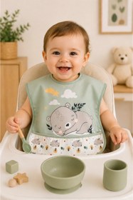 Resim Bebechi Sevimli Ayı Desenli Cepli Kısa Kollu Su Geçirmez Bebek Mama Önlüğü 