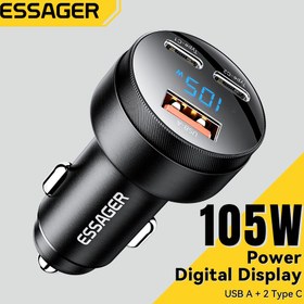 Resim Essager 105W USB-C Araba Şarj Cihazı, Quick Charge 4.0, QC3.0 & PD - iPhone 14/15 & Xiaomi Telefonlar için Hızlı Şarj Adaptörü, Dijital Ekran, Type-C Konnektör, Araba Şarj Adaptörü|Şık Silindirik Şarj Cihazı|Yüksek Hızlı Şarj, Taşınabilir Şarj Cihazı 