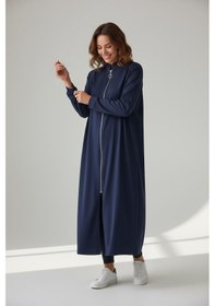 Resim Kadın Önü Fermuarlı Kolu Manşetli Gizli Cepli Mevsimlik Kap Lacivert 