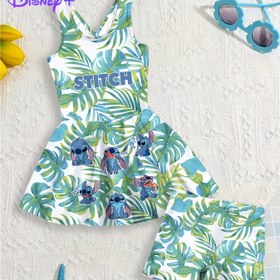 Resim Stitch Kız Modası Şık Mayo ve Rastgele Baskılı Şort - Sevimli ve Şık Asimetrik Tasarım, Nefes Alabilen Elastik Kumaş, Plaj Tatilleri, Havuzlar ve Su Sporları İçin Mükemmel, Havuz Kenarı Kıyafeti | Eğlenceli Tasarım | Asimetrik Mayo 