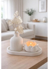Resim Mevidecor 3 Lü Dekoratif Set Çizgili Vazo & Lotus Mumluk & Oval Tepsi Modern Masa Üstü Dekor Beyaz 