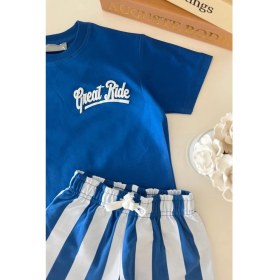 Resim Monila Erkek Çocuk Pamuklu Lacivert T-Shirt ve Çizgili Şort Alt Üst Takım 