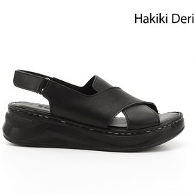 Resim GÖNDERİ(R) Kadın / Kız Siyah Cırt Bantlı Dolgu Topuk Hakiki Deri Comfort Sandalet 