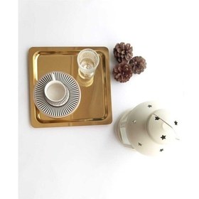 Resim Abant 6 Adet Gold Altın Kare Paslanmaz Çelik Kahve Servis Sunum Tepsi & Tabağı (21X21Cm) 