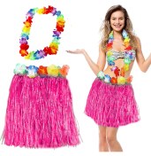 Resim Hawaii Luau Aloha Pembe Püsküllü 40 cm Etek ve Hawaii Kolye Seti 