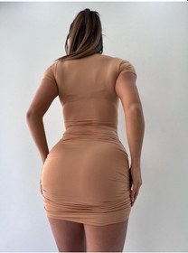 Resim Pink Life Bej V Yaka Hollow Out Wrap Hip Kısa Kollu Mini Elbise-bej Bej 