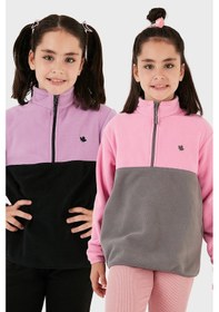 Resim Lela Yumuşak Dokulu Yarım Fermuarlı Renk Bloklu Dik Yaka 2'Li Paket Çocuk Polar 5905004S2 Lila Siyah-Şeker Pembe Gri 