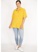 Resim Kadın Hardal Büyük Beden Polo Yaka Ön Pat Düğmeli Kaşkorse Kumaş Kısa Kollu Bluz-kemik Kemik 