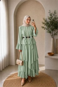 Resim Neşeli Butik kadın mint yeşili fırfır detaylı üst kat kat etek ikili tesettür takım ---NBVQ3159 