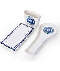 Resim 3’lü Nazar Desenli Mutfak Seti, Kaşıklık, Kaşık, Altlık, Süngerlik, Yağdanlık Altı, Mavi 