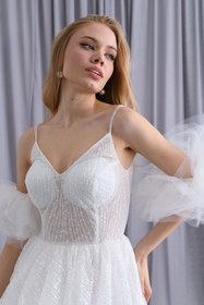 Resim Tangül&Ali'S Moda Evi Askılı Ve Tül Kollu Mini Gelinlik 