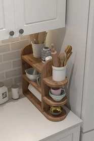 Resim Reyo Ahşap Mutfak Düzenleyici Raf, 3 Katlı, Baharatlık ve Kağıt Havluluk, Çam 