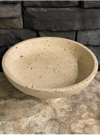 Resim Polen Stone Bej Traverten Doğal Taş Ayaklı Kase Havluluk Ve Çok Amaçlı Kullanım 