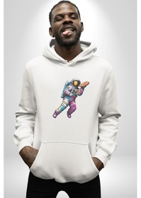 Resim Pizza Servisi Uzay Kurye Kadın Erkek Beyaz Kapüşonlu Sweatshirt Hoodie Beyaz 