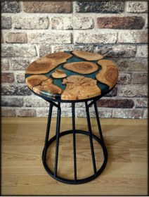 Resim HeeDWooD Design Şeffaf Mavi Epoksi Zeytin Tabla Siyah Kumsaati Ayak Yan Sehpa 