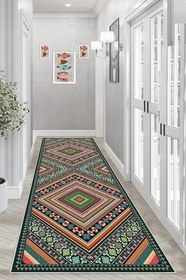 Resim Pelangi Kilim Desenli Dijital Baskı Yıkanabilir Kaymaz Taban Etnik Salon Halısı ve Yolluk, Yeşil 80 x 500, 9554170805007 