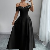 Resim Kadınlar İçin Fransız Vintage İnci Detaylı Omuz Açık Elbise - A Kesim Siyah Gece Elbisesi, Bel Büzgülü ve Makinede Yıkanabilir İlkbahar/Yaz Partileri & Resmi Etkinlikler için Şık Elbise, Zarif Kumaş, Yüksek Kaliteli Parti Giysisi 