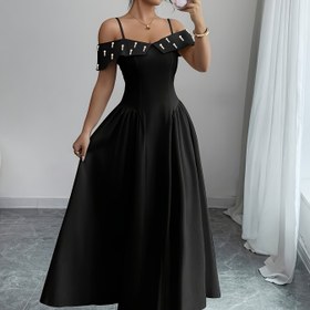 Resim Kadınlar İçin Fransız Vintage İnci Detaylı Omuz Açık Elbise - A Kesim Siyah Gece Elbisesi, Bel Büzgülü ve Makinede Yıkanabilir İlkbahar/Yaz Partileri & Resmi Etkinlikler için Şık Elbise, Zarif Kumaş, Yüksek Kaliteli Parti Giysisi 
