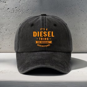 Resim Vintage Unisex Ayarlanabilir Kayışlı Beyzbol Şapkası - Siyah & Turuncu Geometrik Desen, "It's a Diesel Thing" Yazılı Tasarım, Yıkanabilir Günlük Şapka Erkekler ve Kadınlar için, Vintage Beyzbol Kepi, Metin Baskılı Kapak, Yıkanabilir Şapka 