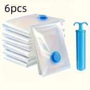 Resim 6 adet 1 el pompalı vakum depolama torbası / (4 adet) el pompası olmadan vakum depolama torbaları, seyahat için taşınabilir plastik çanta, battaniyeler, yatak takımı, kıyafetler, battaniyeler, yorganlar için depolama torbaları, ideal ev eşyaları, boşluk tasarrufu için gereklilik depolama torbaları 