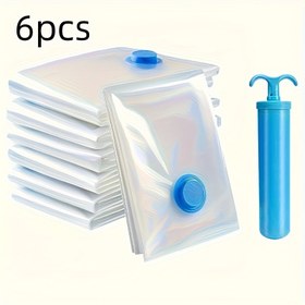 Resim 6 adet 1 el pompalı vakum depolama torbası / (4 adet) el pompası olmadan vakum depolama torbaları, seyahat için taşınabilir plastik çanta, battaniyeler, yatak takımı, kıyafetler, battaniyeler, yorganlar için depolama torbaları, ideal ev eşyaları, boşluk tasarrufu için gereklilik depolama torbaları 