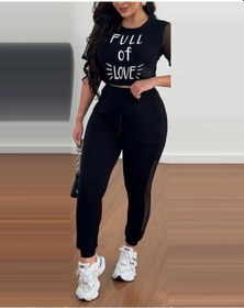 Resim Sensuelle Kadın Kısa Kollu Bisiklet Yaka File Detaylı Viskon Iki Iplik Krop Ve Eşofman Altı Ikili Takım Siyah 