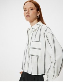 Resim Koton Crop Poplin Gömlek Uzun Kollu Cep Detaylı Pamuklu Siyah Çizgili 5wak60120uw Siyah Çizgili 