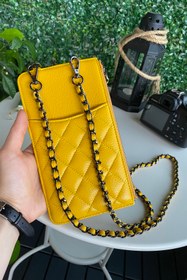 Resim Modica Kratya - Hakiki Deri Fermuarlı Kadın Sarı Omuz Çantası, Telefon Pasaport Bölmeli 