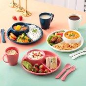 Resim 3 adet Yuvarlak Plastik Bölünmüş Kahvaltı Tabağı, 1 tabak + 1 çatal + 1 kaşık, Kadınlar ve Öğrenciler için Mikrodalga Güvenli Salata Meyve Yiyecek Tepsisi Diyet Kontrolü, Sofra Takımı 
