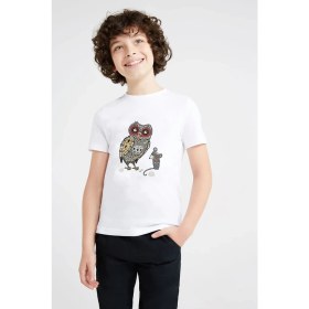 Resim Qivi Baykuş ve Fare Baskılı Unisex Çocuk Beyaz T-Shirt 