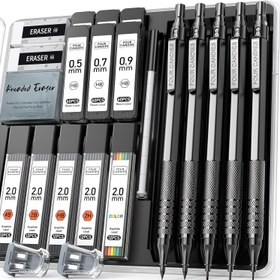 Resim Dört Şeker Metal Mekanik Kalem Seti, 3 adet Sanat Taslak Kalemleri 0.5, 0.7, 0.9mm ve 2 adet 2mm Mekanik Çizim Kalemleri 420 adet Kalemler (4B 2B HB 2H Renk) Yazmak, Çizmek, Çizim için Malzemeler, Geri Dönüş !!! 