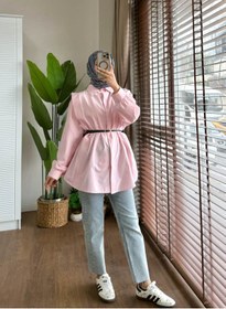Resim Miraydın Butik Omuz Volanlı Düğmeli Kemerli Tesettür Gömlek - Pembe 