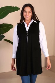 Resim Kadin Buyuk Beden Tesettur Yelek Düğmeli ve Cepli Esnek Yelek - siyah / 2XL 