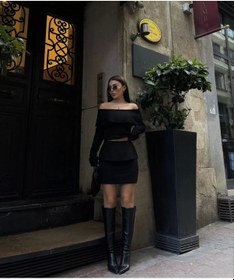 Resim Straplez , Madonna , Carmen Yaka Croplu Mini Etekli İkili Takım Triko - Siyah Siyah 