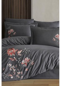 Resim İmpero Nakışlı %100 Pamuk Saten Çift Kişilik Nevresim Takımı Antrasit Antrasit 