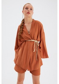 Resim Sateen Kuşak Detaylı Salaş Kimono- Taba 