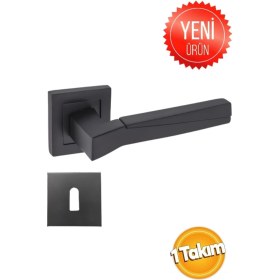 Resim Meridyen Mat Siyah Kare Rozetli Oda Kapı Kolu ( 1 Takım=2 Adet Kapı Kolu 2 Adet Alt Rozet ) 