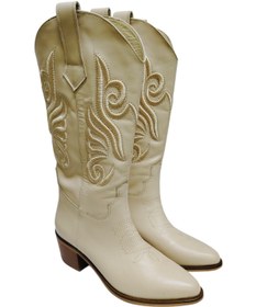Resim DRY SHOES Hakiki Deri Bej Kadın Çizme Ayakkabı Kısa Topuklu Nakışlı Bot Western Kovboy Binici X-7020 