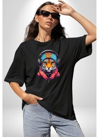 Resim Kulaklık Kedi Leopar Bandana Pamuklu Bisiklet Yaka Unisex Oversize Boyfriend Dijital Baskılı Siyah T-shirt Siyah 