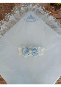 Resim Yenidoğan Teri Cotton Taç Nakışlı Prizma Taş Kundak Bebek Battaniyesi Mavi 
