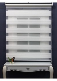 Resim Ekru Mat Beyaz Plise Zebra Stor Perde Eteği Düz Alüminyum Kasa Metal Ayak Beyaz 