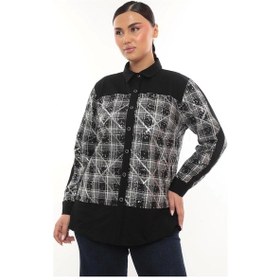Resim Lady Majestic Şık Ekose Detaylı Uzun Kollu Büyük Beden Kadın Gömlek Siyah 